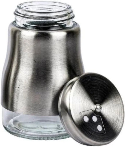 Salt and Pepper Container for Dining Table with Stand Glass & Steel Premium Big Salt Jar Sprinkler Container Shaker with Different Size Roaters 2 Container Salt n Pepper Set