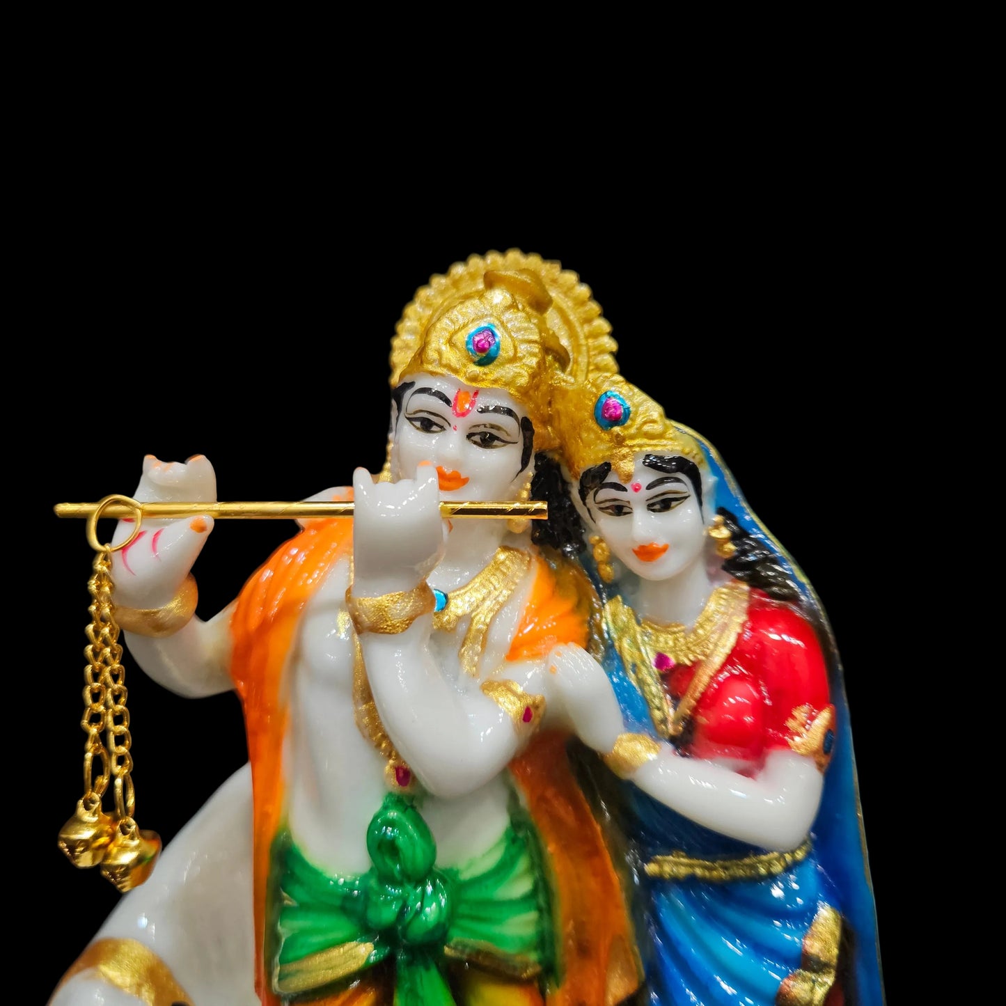 Marble Dust White Cow Radha Krishan with Golden crown Work Radha Krishan Radhe Shyam Murti Statue Idol for Home Pooja Gifted Piece Idol