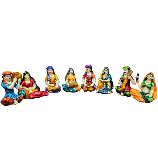 Rajasthani Showpiece figures 8pcs set Couple Man & Lady Playing Musical Instrument Home Decor Resin Traditional Village Decorative Showpiece Statue Living Room