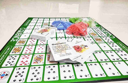 the "C-Quence" board game, a strategy game for ages 7 and up. It is designed for 2-12 players and involves forming sequences of five chips in a row on the game board.