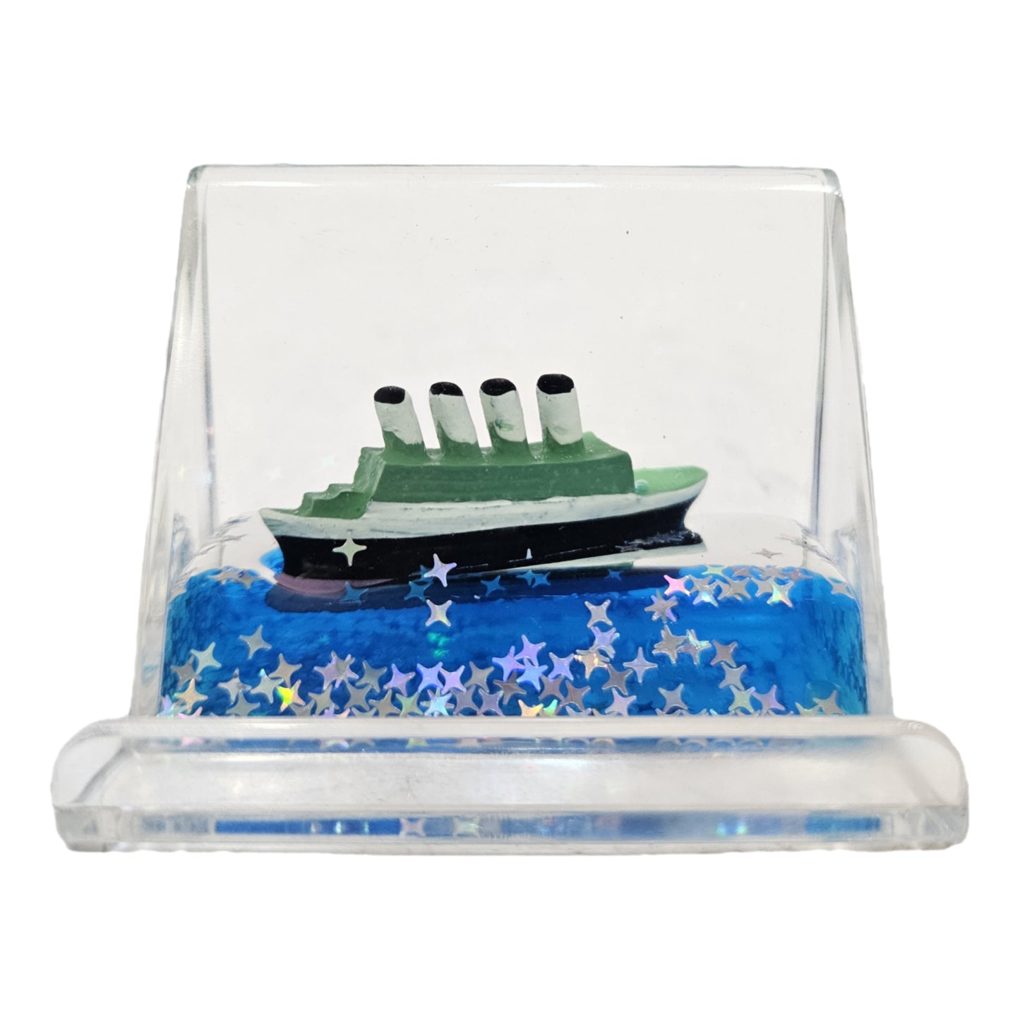 Green and black Titanic liquid motion showpiece is a decorative accent for tabletops or car dashboards, featuring a miniature ship that floats in blue liquid