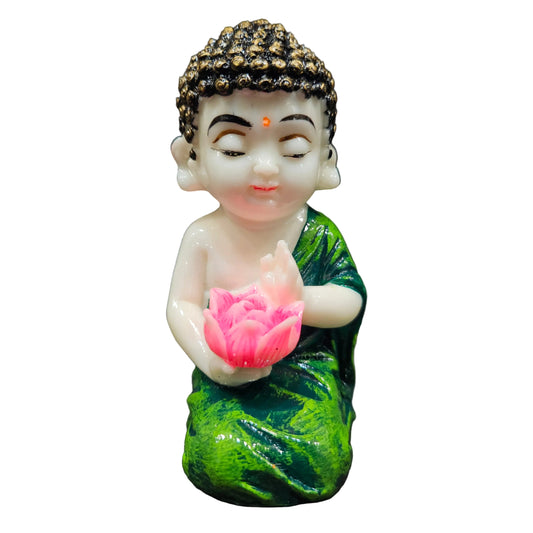 Baby Monk with Lotus Green Robe Zen Enlightenment Idol Statue Showpiece Figurine