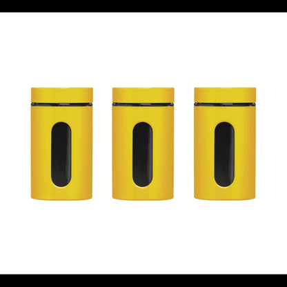 Tea Coffee Sugar Storage Jars Canisters Set of 3 Colour Enamel On Steel Glass