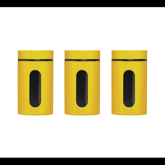 Tea Coffee Sugar Storage Jars Canisters Set of 3 Colour Enamel On Steel Glass
