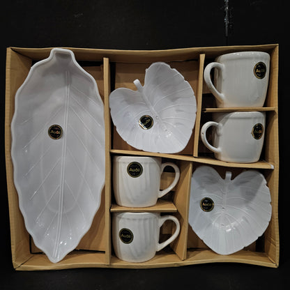 Audii Vento 4pcs Ceramic tea cups,2pcs Heart Bowls & 1 Leaf Platter perfect for Return gifting