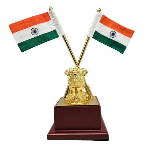 Premium Dual Side Fabic Tricolor Indian Flag Hindustani Tiranga with Wooden Base and Ashoka Emblem for Car Dashboard | Office Table | Home Decor
