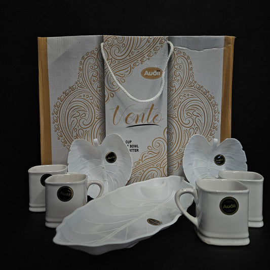 Vento snack serving set 4 Ceramic tea cups,2 heart boels & 1piece leaf platter set