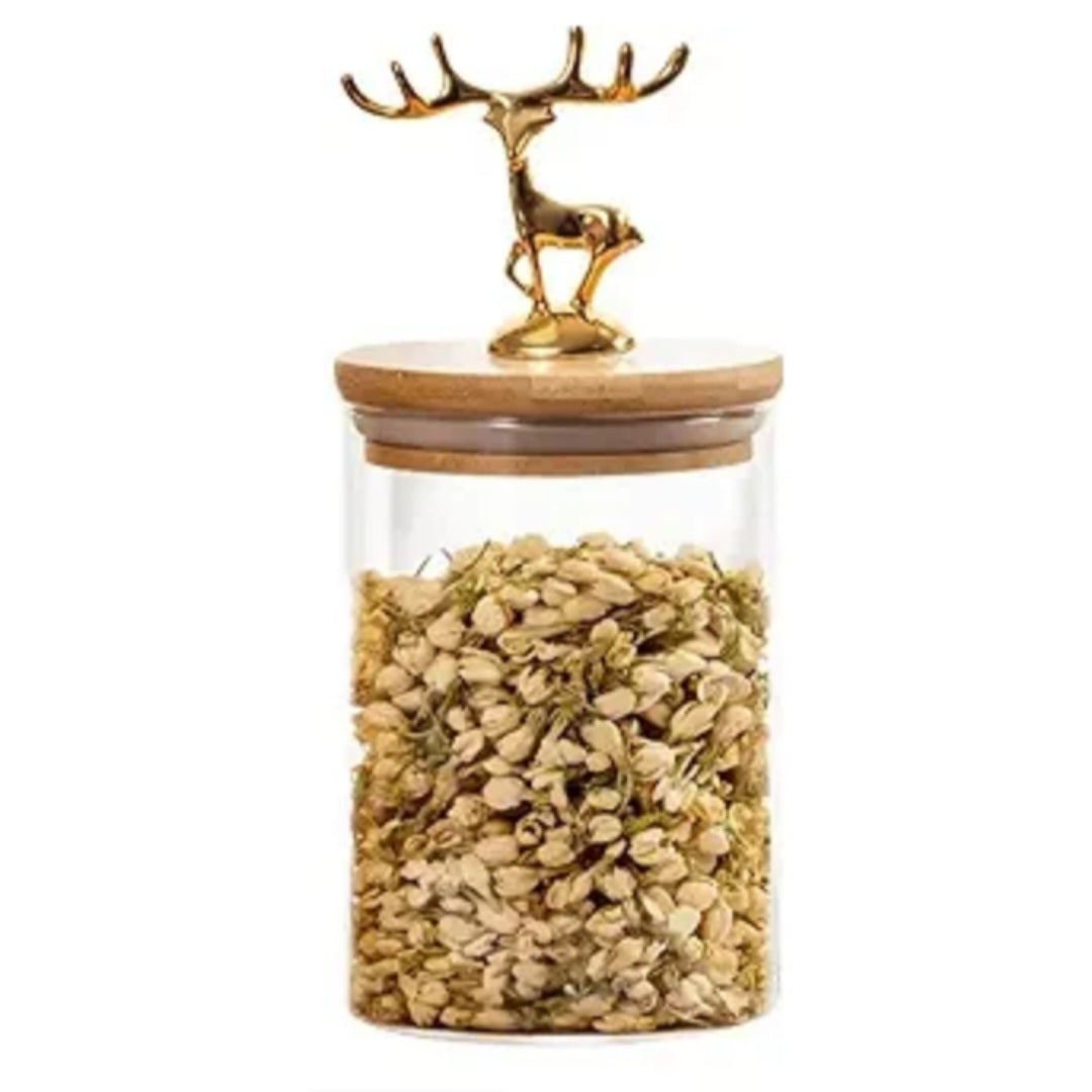 kitchen glass storage container airtight glass Jar sealed tank with metal elk deer top bamboo lid champagne Transparent