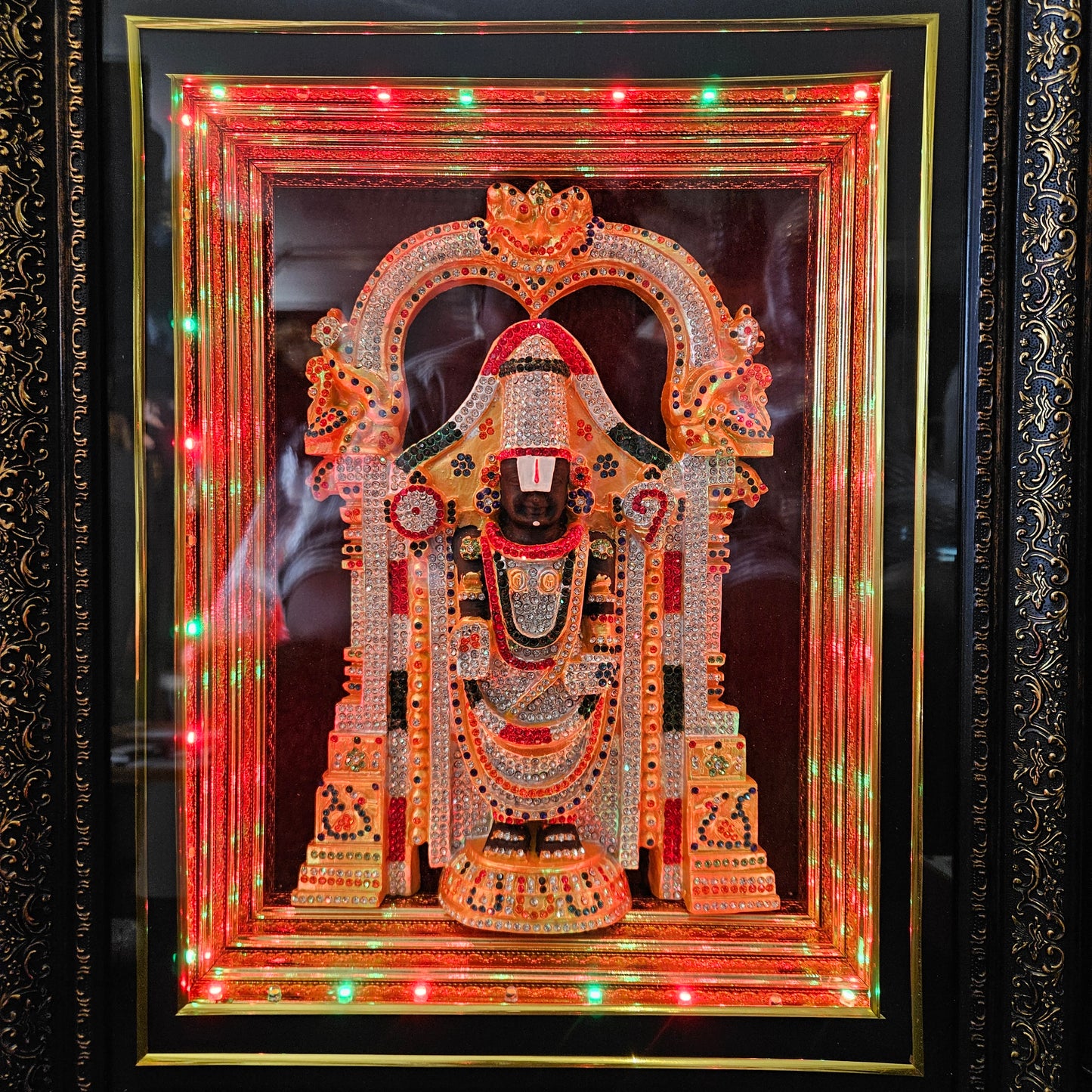 Tirupati Balaji decorated with attractive stones,slokam & multi colour lighting Cabin idol perfect for Marriage gifting,house warming