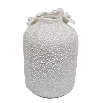 Textured white polyresin or Ceramic vase for Garden/home collection, embossed pink and white roses