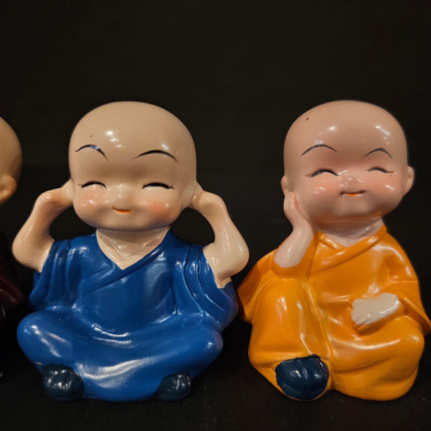 Think No Evil, Speak No Evil, Hear No Evil, See No Evil Set of 4 Baby Monk Buddha Statue with Hat Decorative Showpiece for car Dashboard, Home Office Decor & Gift Purpose