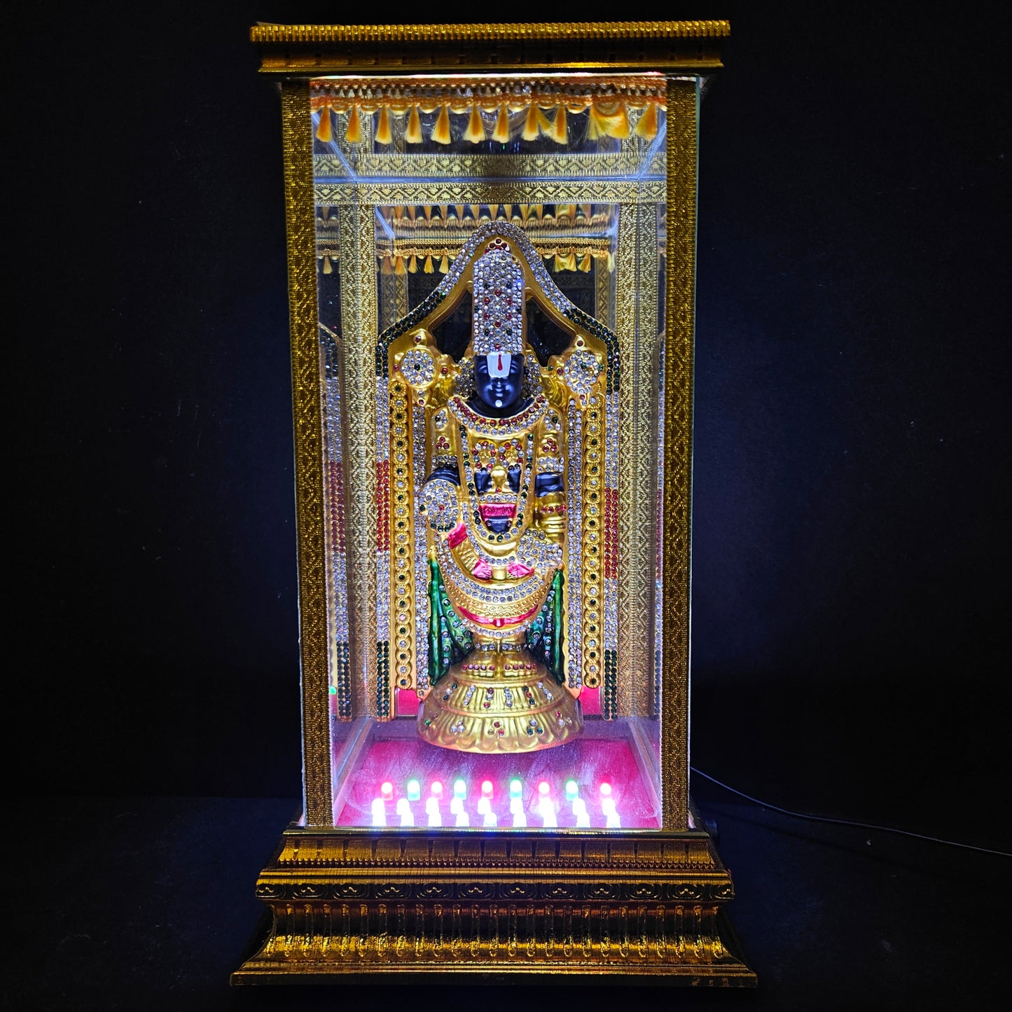 Tirupati Balaji decorated with attractive stones,slokam & multi colour lighting Cabin idol perfect for Marriage gifting,house warming