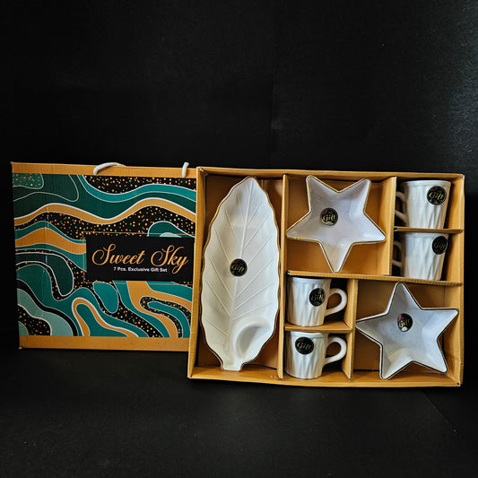 Kanch sweet sky 4 pieces Ceramic cups set 2 star Shaped snack bowls & 1 leaf Shaped snack platter with Sauce dip