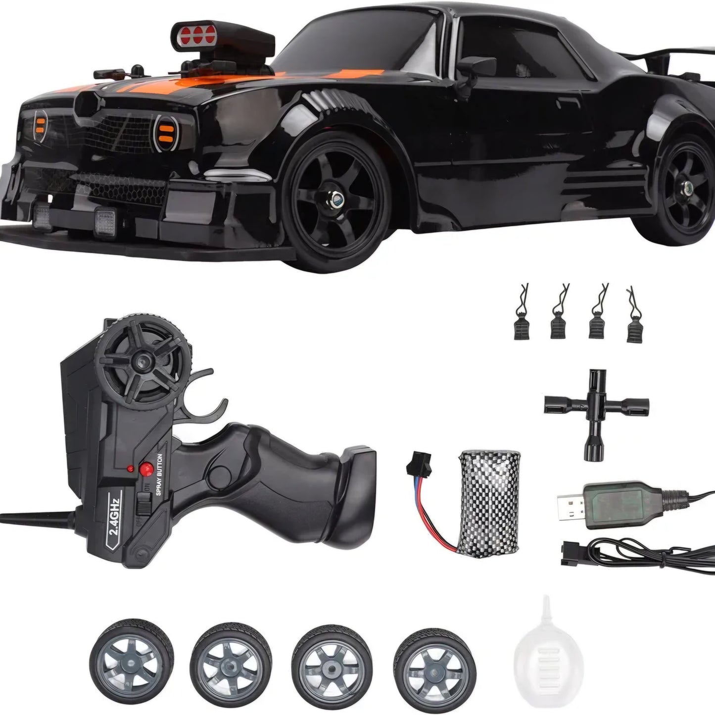RC Drift Car, RC Racing Car Shatterproof 2.4GHz 1/16 Black 500mAh Battery with Plastic Bottle for smoke