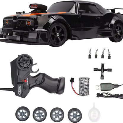 RC Drift Car, RC Racing Car Shatterproof 2.4GHz 1/16 Black 500mAh Battery with Plastic Bottle for smoke