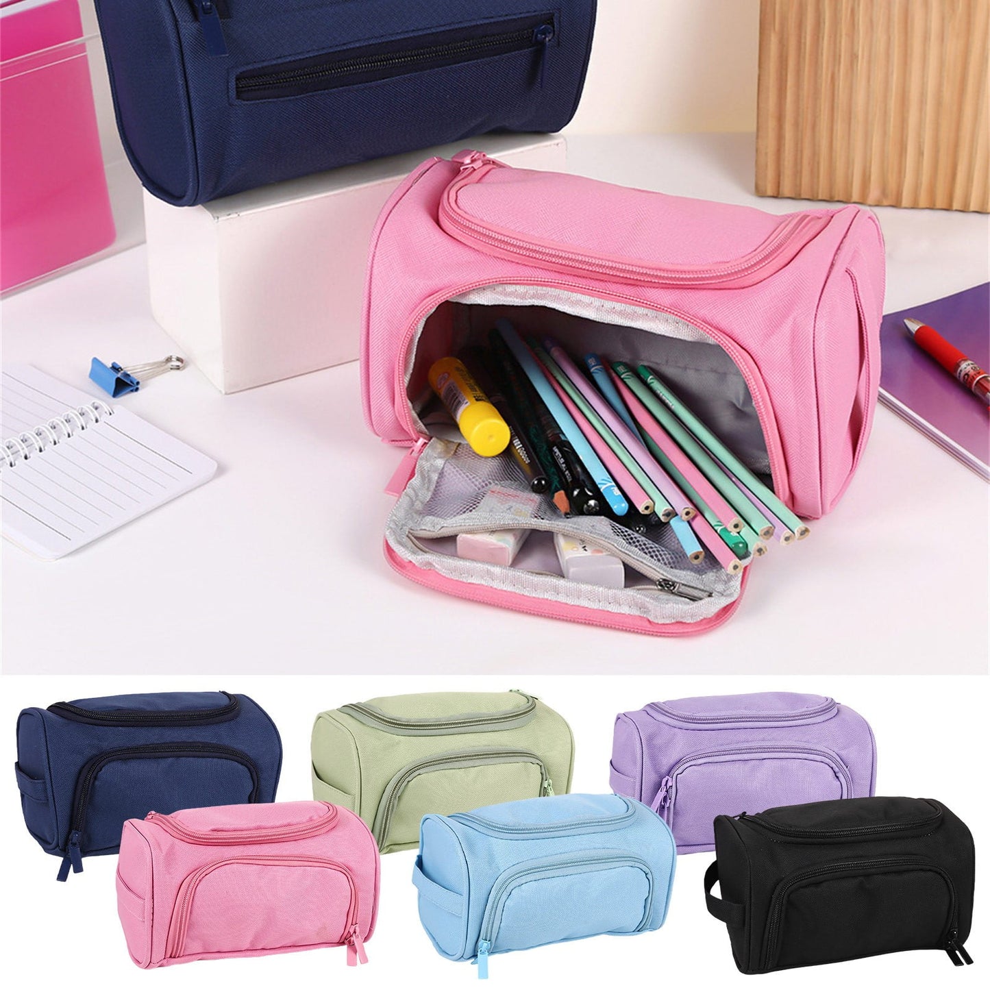 Double-layer Pencil Case Multifunctional Side Storage Stationery Bag Portable Pencil Bag