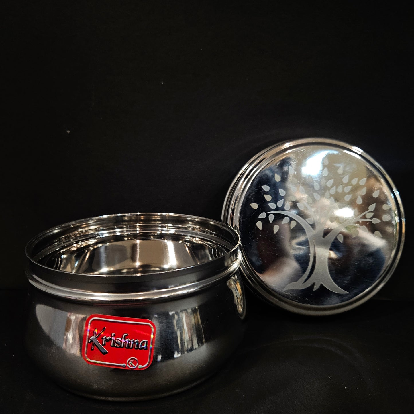 Stainless Steel Round storage box with Tree Designed lid perfect for Return gifting purpose