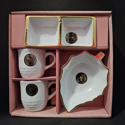 Pacific 2Ceramic cups,1 leaf Shaped Platter & dips bowl for Return gifting