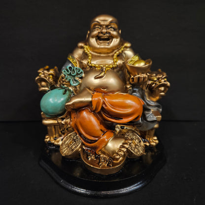 Chinese Handicrafts Resin Laughing Buddha Sitting on Dragon Chair Sculpture Wealth Lucky Statue Home Decoration Gift