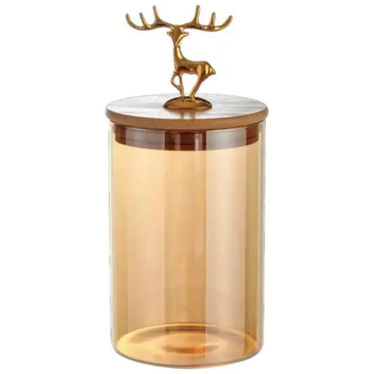 kitchen glass storage container airtight glass Jar sealed tank with metal elk deer top bamboo lid champagne Transparent