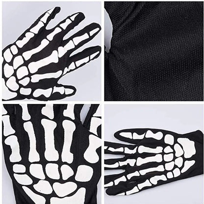 Halloween Skeleton Gloves Cosplay Costume Birthday Party Full Finger Wrist Bone Death Scary Ghost Haunt Punk Gothic Rock Mittens for Kids and Adults