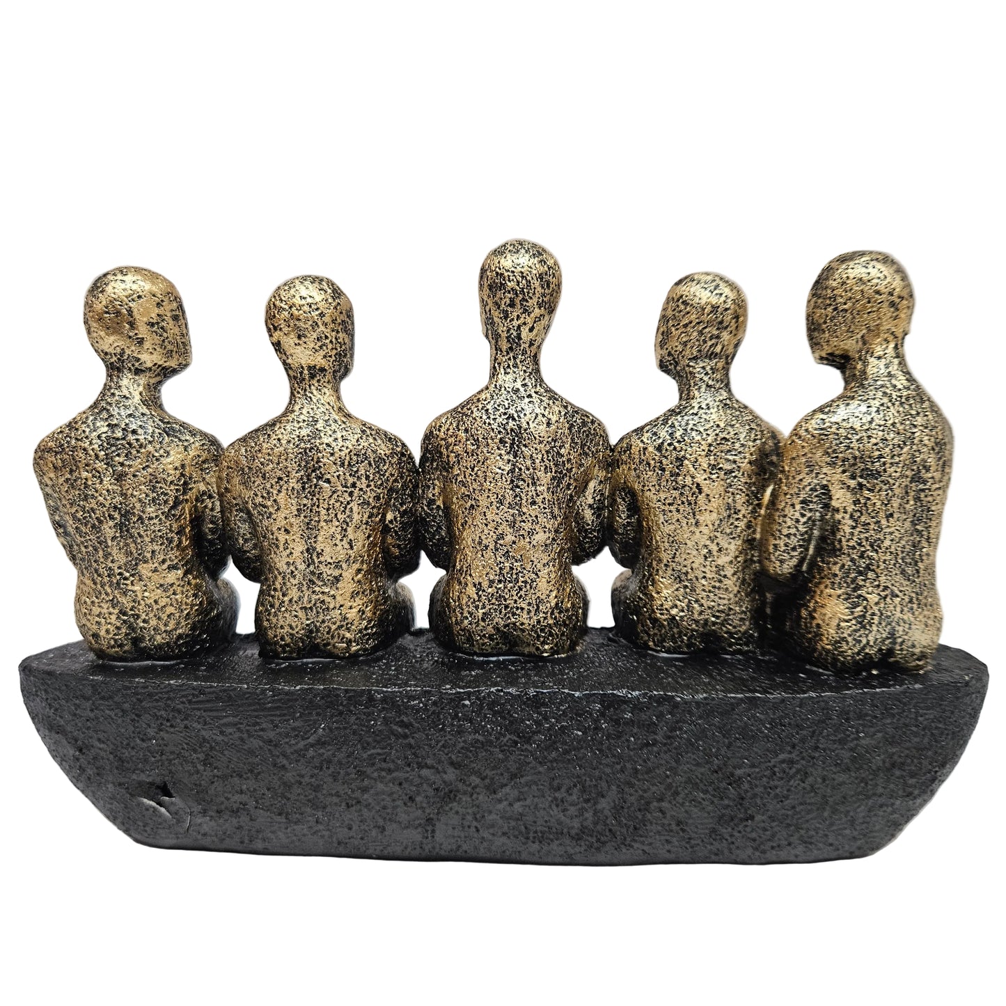 Abstract sculpture features five stylized figures seated together in a textured gold and black finish