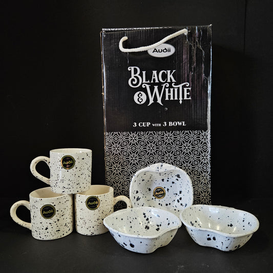 Audii Black & white 3 pieces cups with 3 Bowls set perfect for Return gifting