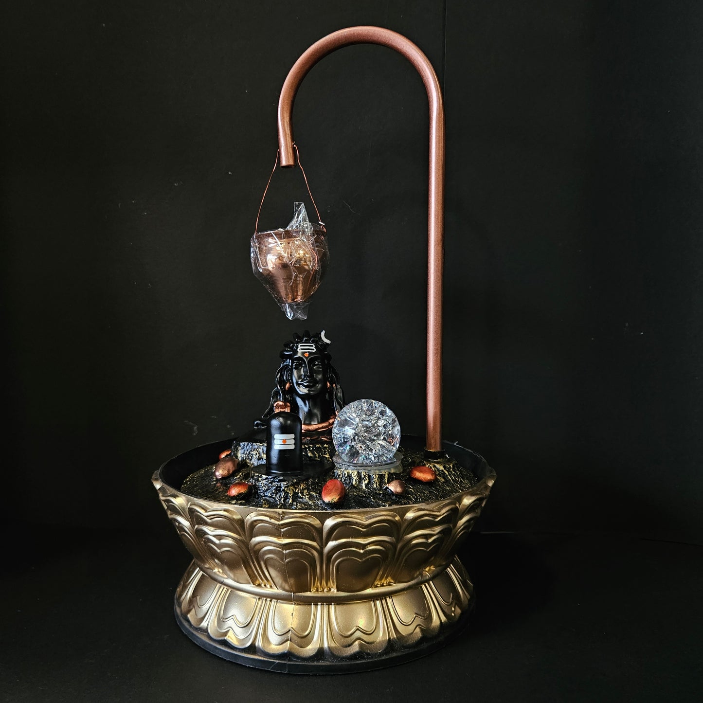 Copper Metal Adiyogi Water Fountain with Crystal Ball for Home Decor Showpiece Tabletop Waterfall Decoration Indoor & Outdoor