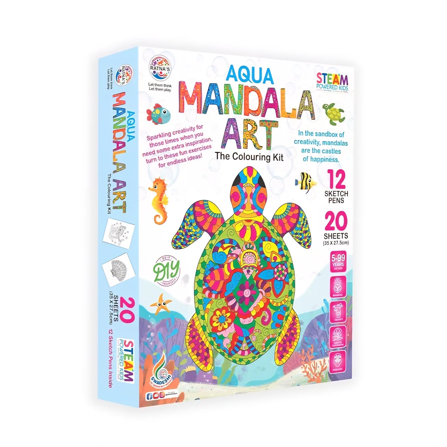 RATNA'S Aqua Mandala Art Colouring Kit - 20 Sheets with 12 Sketch Pens Inside - Creative Coloring Fun for All Ages