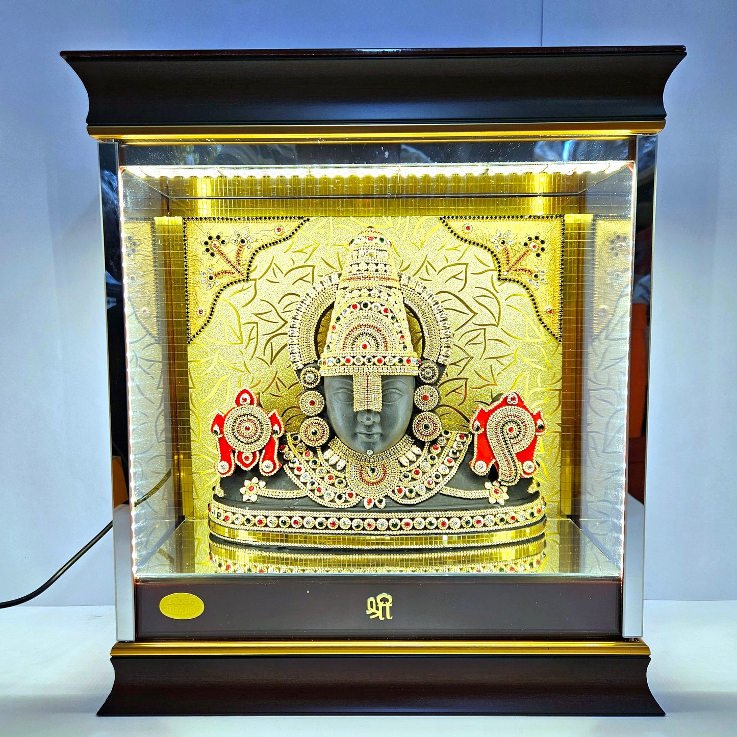 24 carats gold Plated Balaji Idol with decorative stones design Statue Showpiece in transparent protective cabin