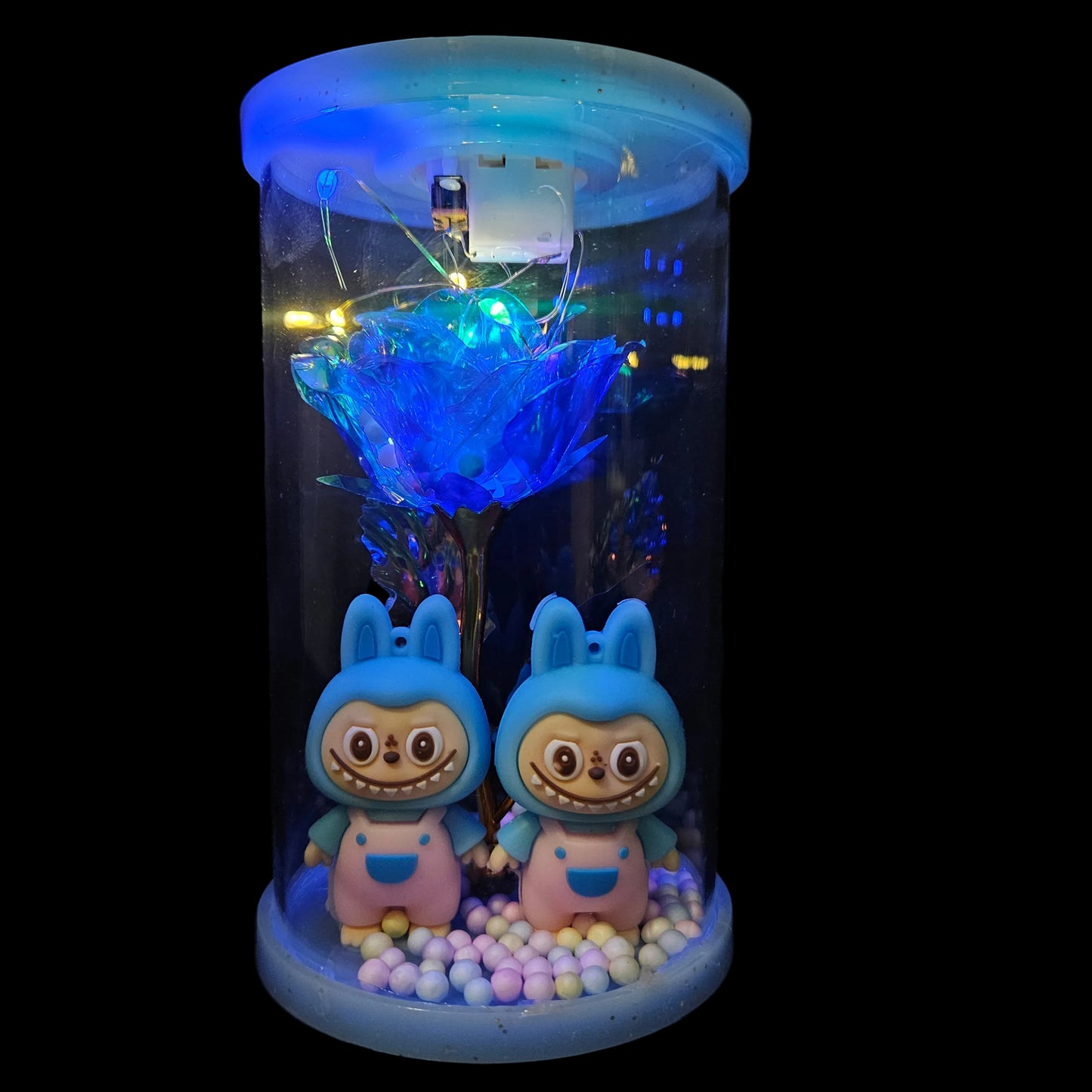 Labubu couple & artificial rose flower  glass capsule with lights perfect couple gifting