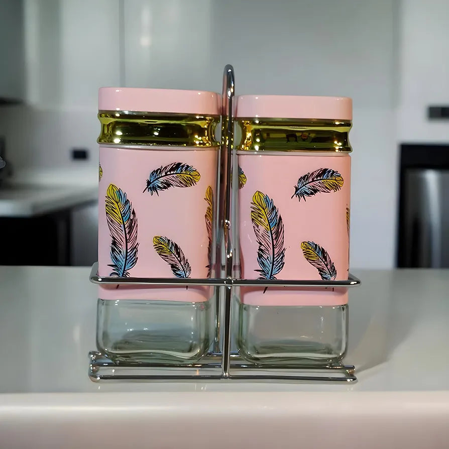 Glass Salt and Pepper Shaker 2 piece Set, with multicolour features designed and Pink coloured spice set