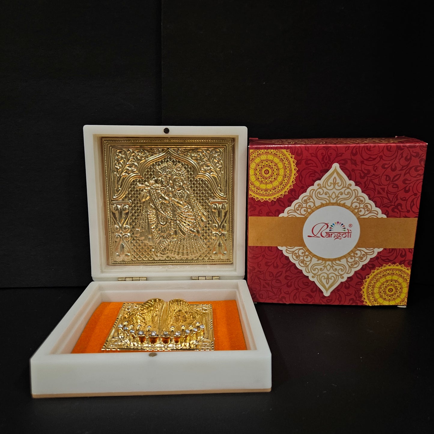 Gold Plated Radhe Krishna Photo Frame Box with Charan Ideal for Religious Purpose