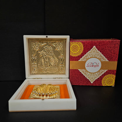 Gold Plated Radhe Krishna Photo Frame Box with Charan Ideal for Religious Purpose