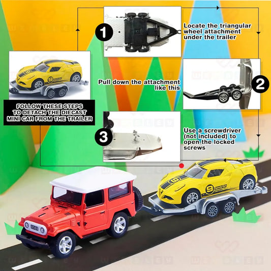Land Cruiser Diecast Toy Car with Trailer for Kids Boys Girls Miniature Pull Back Car Vehicle Playset with Random Versatile Carrier Transportation