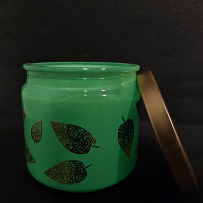 Shelly glassware pistachio Green glass jar with Leaves Designed & gold coloured lid
