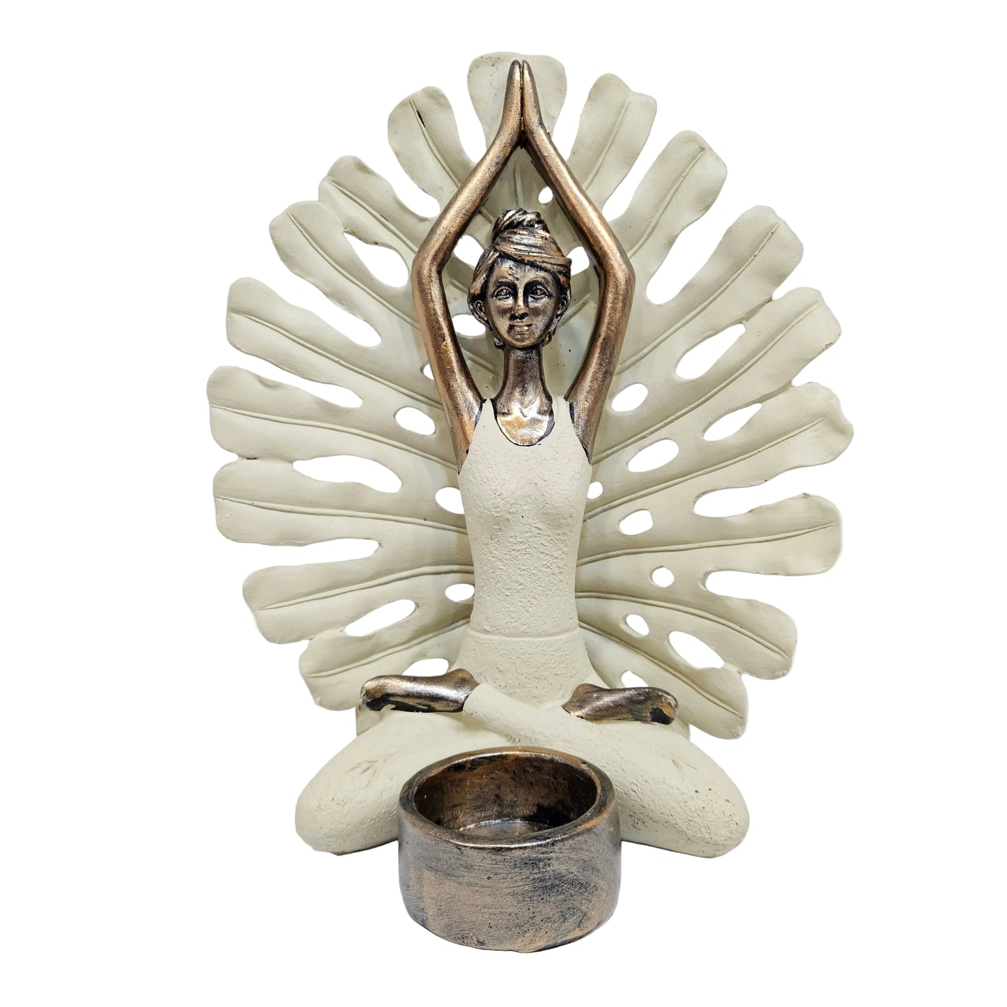 Sima-Land polyresin candle holder features a woman in a lotus pose against a monstera leaf