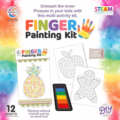 RATNA'S Finger Painting Kit STEAM Learning, 12 Sheets with 6 Colour Tray, DIY Coloring Hand Paint Art and Craft Activity Set for Kids