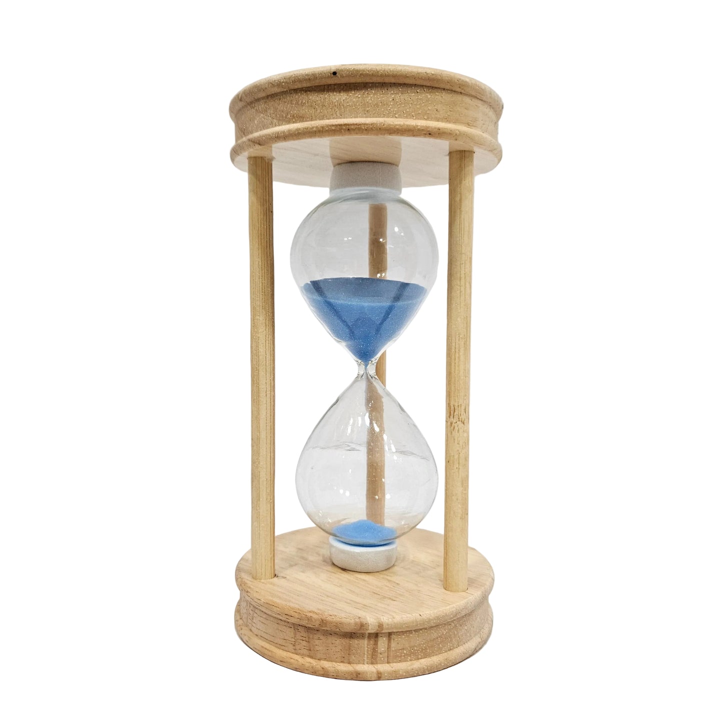 Decorative 10min hourglass featuring a light blue sand timer housed in a light wood frame