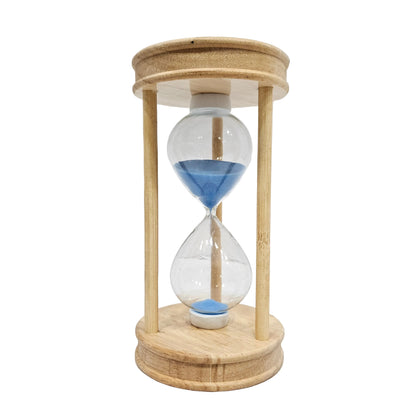 Decorative 10min hourglass featuring a light blue sand timer housed in a light wood frame