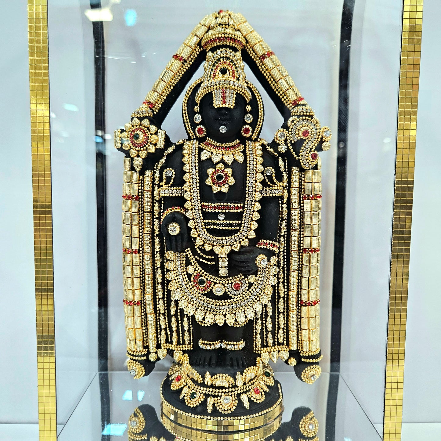 Lord Balaji decorated with attractive stones designed 24carats gold Plated idol Statue in transparent protective cabin
