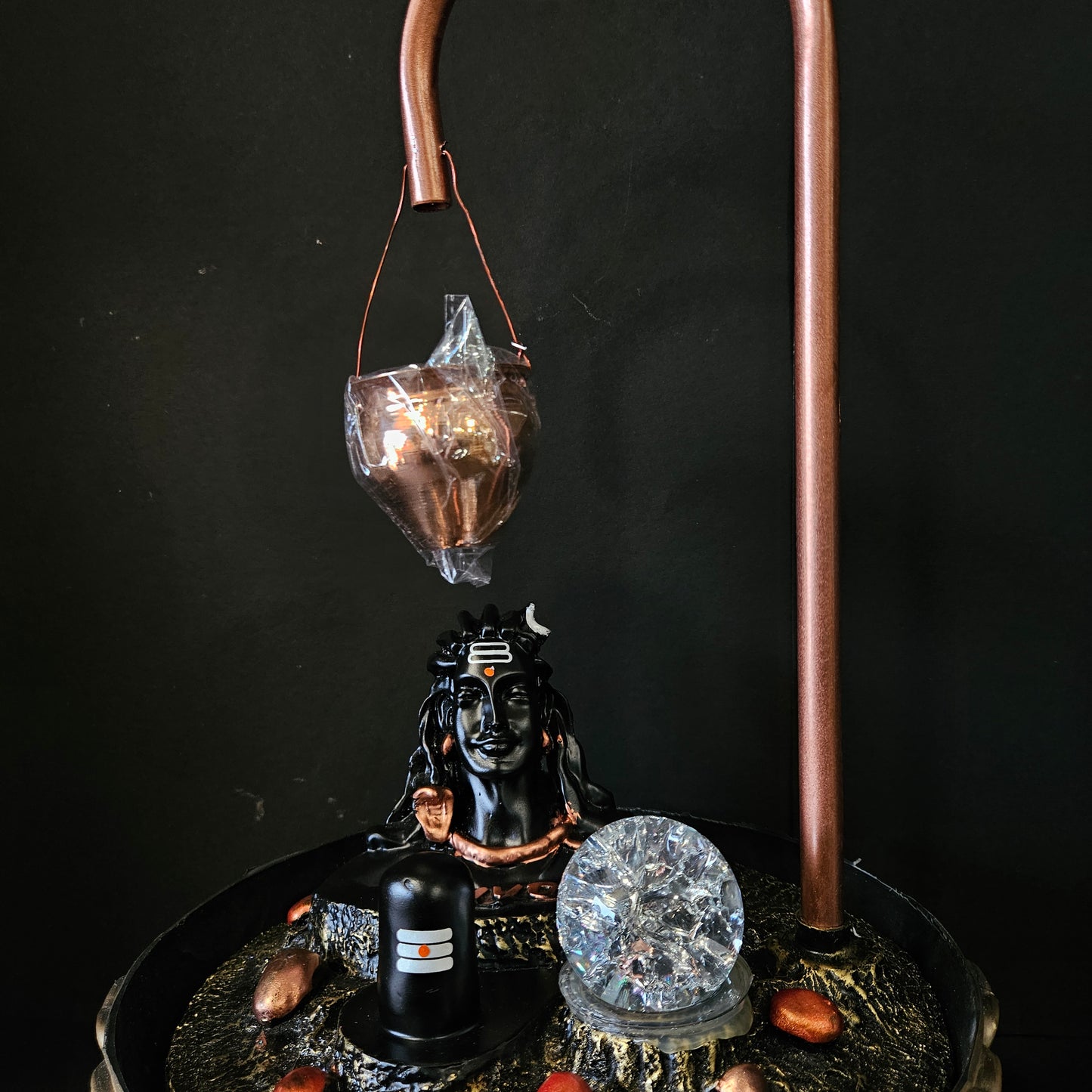 Copper Metal Adiyogi Water Fountain with Crystal Ball for Home Decor Showpiece Tabletop Waterfall Decoration Indoor & Outdoor