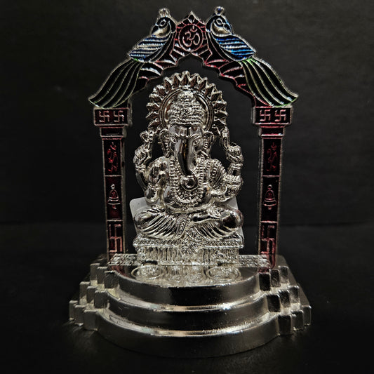 Silver Plated Lord Ganesha Idol Temple Design Showpiece for Gifting, Ganpati Statue for Office Decor, Occasional Return Gift for Pooja