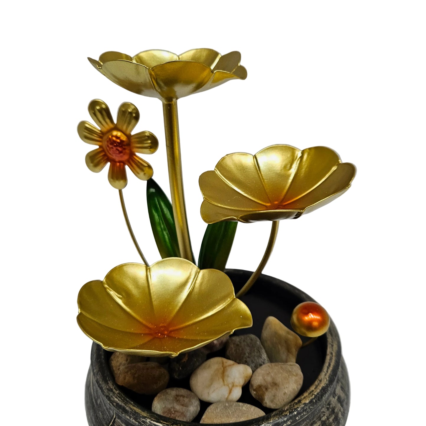 Lotus Tabletop Fountain features a gold-finished metal design with a waterfall and decorative rocks