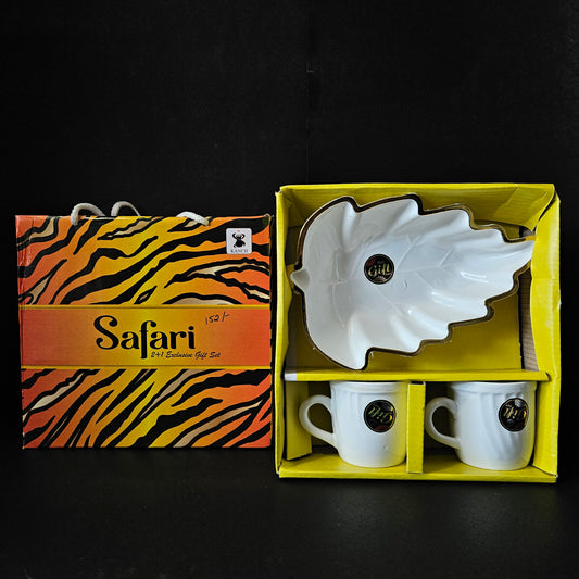 Kanch Safari Exclusive 2 Ceramic cups & 1 leaf Shaped serving tray gift set