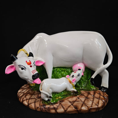 Cow With Calf Statue in Marble Dust, 9CM Holy Cow Idol, Showpiece for Home Decor, Handmade Divine Cow, Mother Cow with Baby Calf, kamdhenu