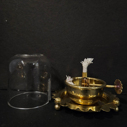 Oil Lamp with Gold Base,Decorative Candle Holder Akhand Jyoti Oil Diya with Clear Glass Cover | Rotating Lifting Wick | Perfect for Spiritual Decor, Hindu Rituals, Diwali Festive Gifts