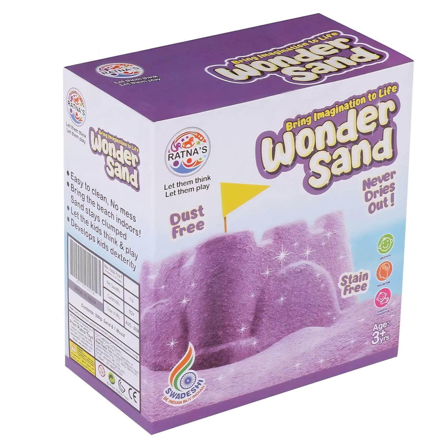 RATNA'S Wonder Sand 500g Smooth Sand for Kids with One Big Mould (Without Tray) Non-Sticky, Easy-to-Shape Sand for Creative Play