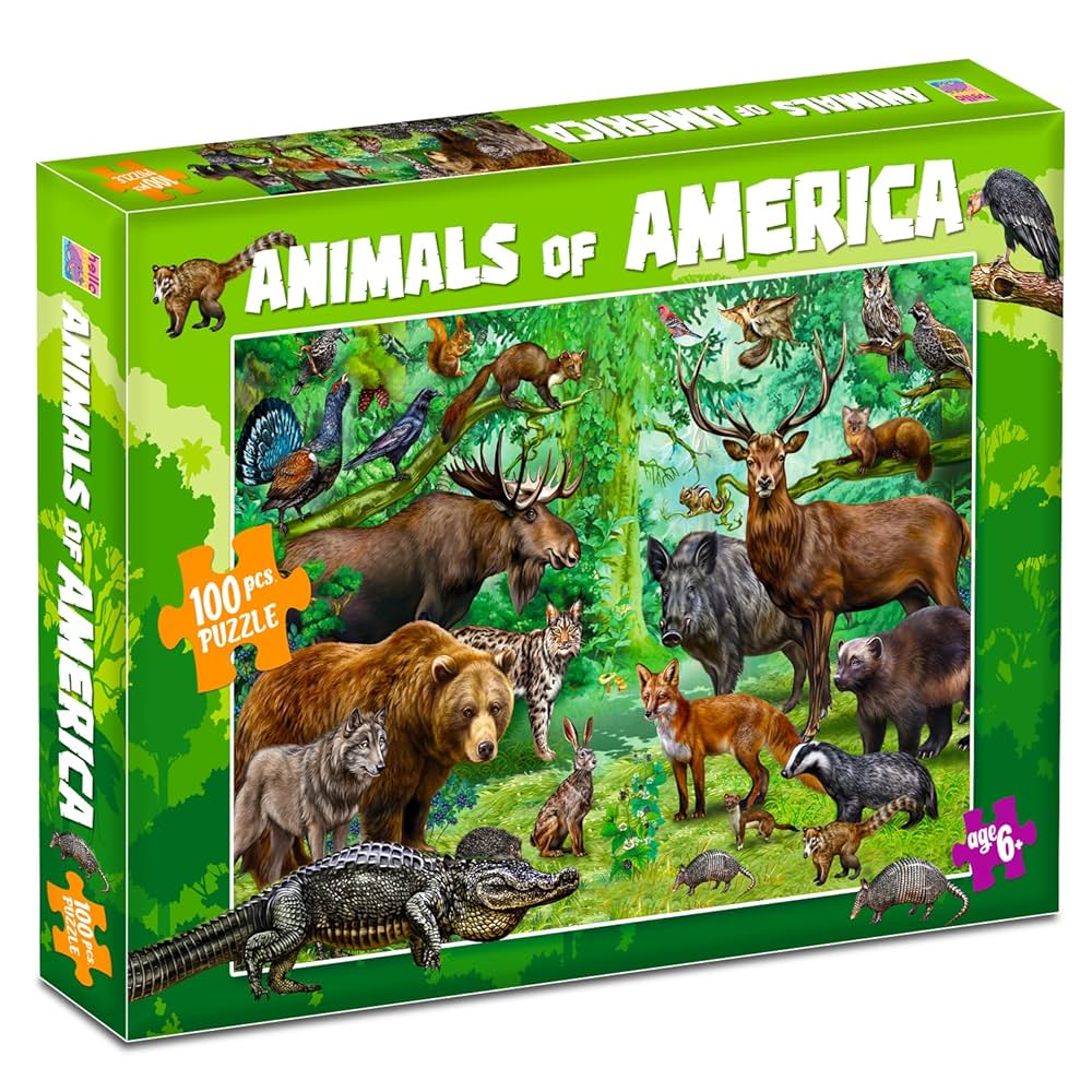 Animals of America Puzzle Box for Kids – 100 Piece Jigsaw Puzzle | Travel Brain Games for Children Ages 6-12 | Great Birthday Gifts for Girls and Boys