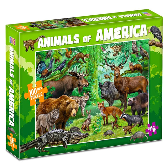 Animals of America Puzzle Box for Kids – 100 Piece Jigsaw Puzzle | Travel Brain Games for Children Ages 6-12 | Great Birthday Gifts for Girls and Boys